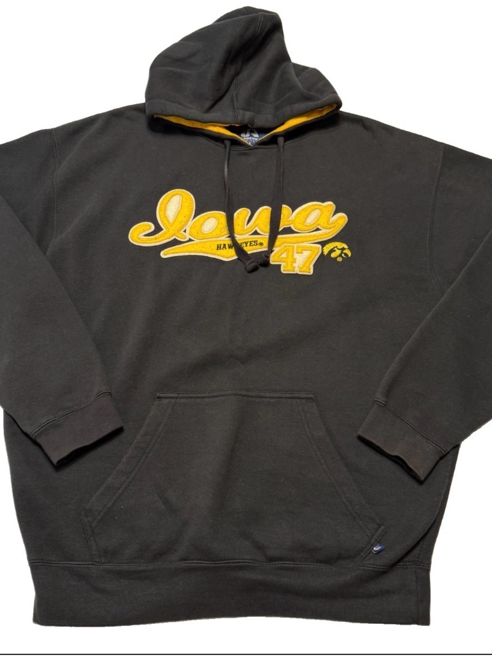 J. America Black Hoodie with Gold Iowa Hawkeye Applique Embroidered Men’s Large